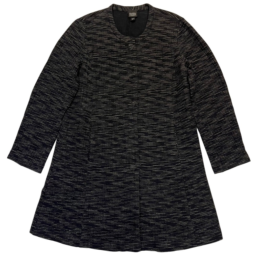 Eileen Fisher Black White Textured 100% Cotton Button Front Long Jacket Size M